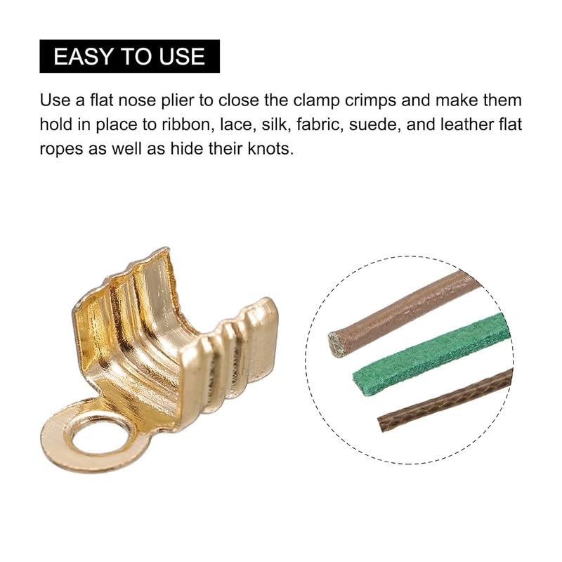Fold Over Cord Ends Crimp End Tips for Leather, Ribbon & String | Jewelry Making Terminators & End Caps | DIY Craft Supplies | Gold | - Image 4