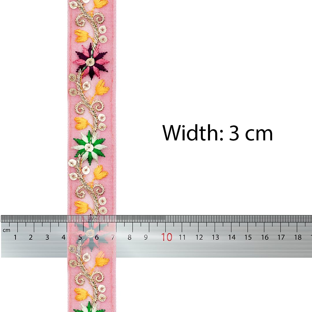 Floral Embroidered Net Lace Trim with Sequins & Gold Detailing for Sarees, Lehengas, Dupattas & Ethnic Wear | Pink | 8.50 Meter - Image 4