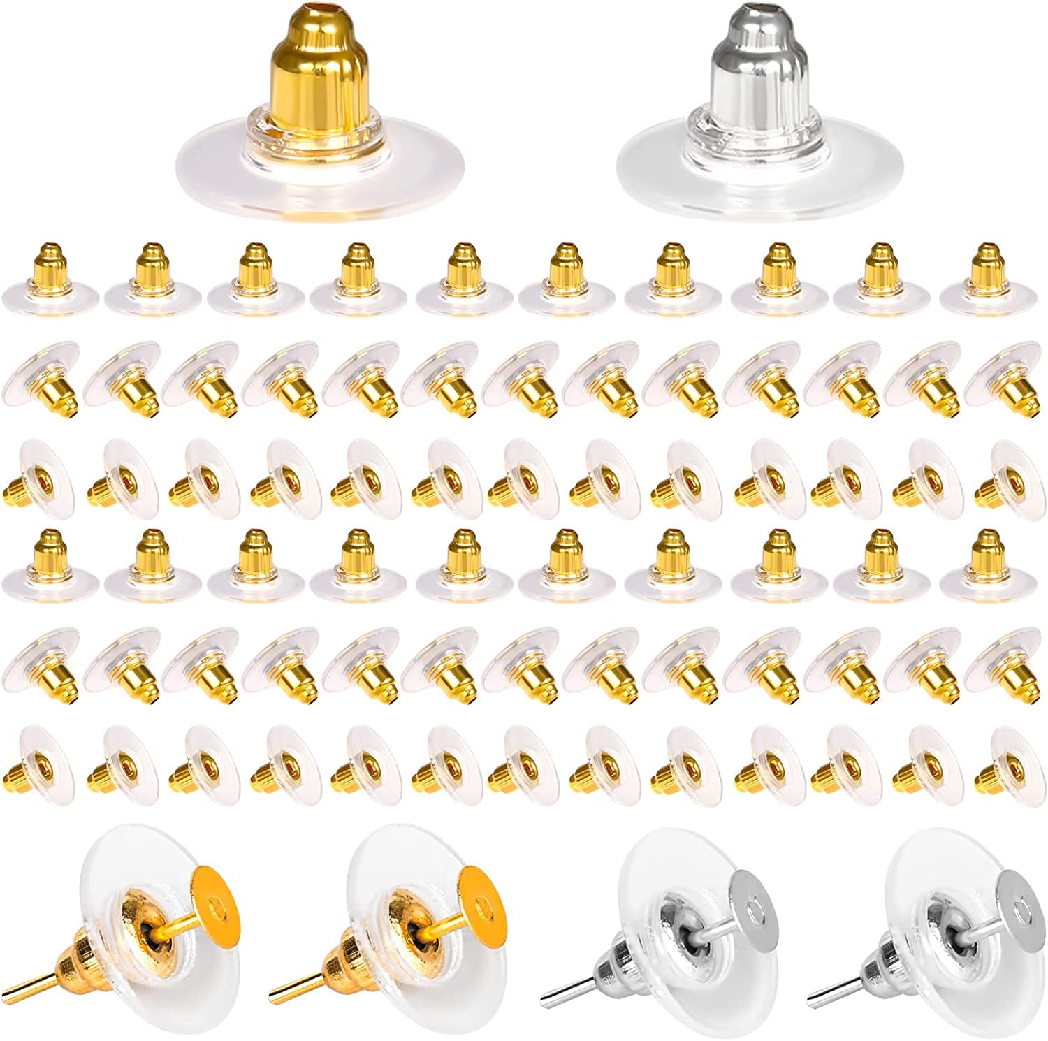 Bullet Clutch Earring Backs with Pads | Metal & Rubber Earring Stoppers for Stud Earrings | Replacement Earring Back Findings | Silver & Gold | Pack of 200 Pieces