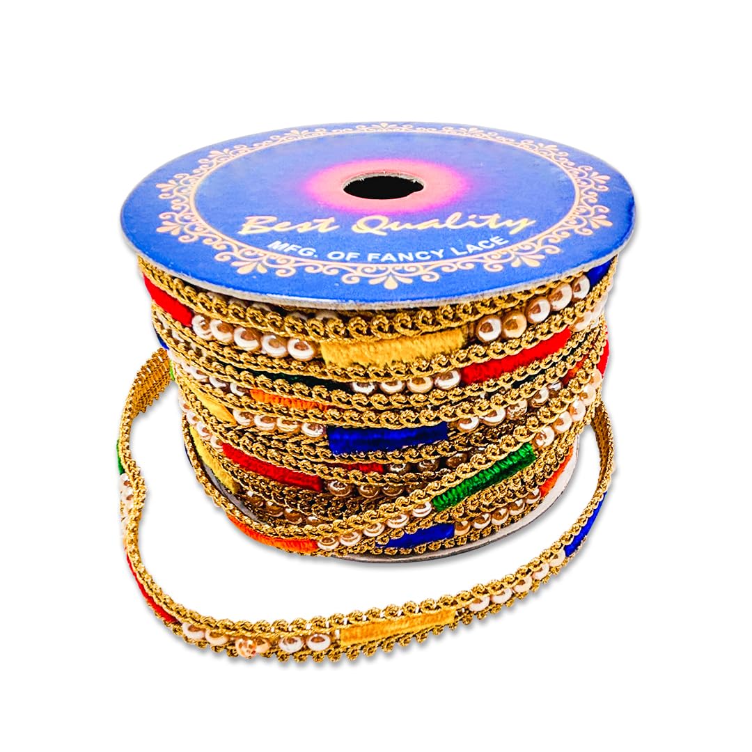 Pattu Border Zari Lace Trim for Saree & Blouse | Multicolor Decorative Embroidery Lace with Golden Detailing | 18 Meter Roll - Image 3
