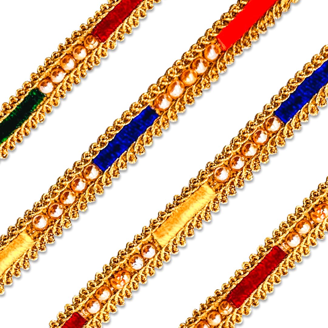 Pattu Border Zari Lace Trim for Saree & Blouse | Multicolor Decorative Embroidery Lace with Golden Detailing | 18 Meter Roll
