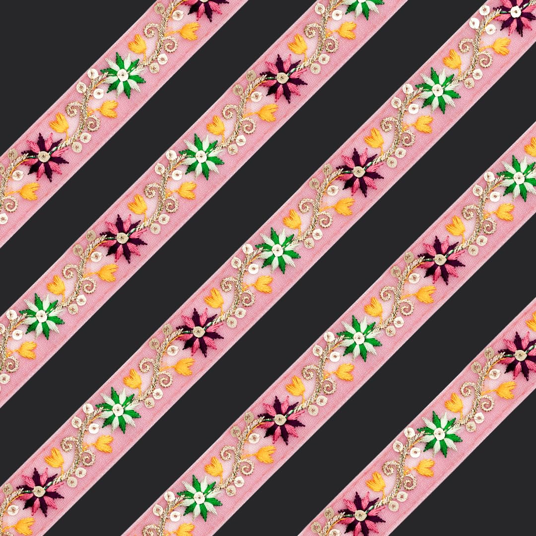 Floral Embroidered Net Lace Trim with Sequins & Gold Detailing for Sarees, Lehengas, Dupattas & Ethnic Wear | Pink | 8.50 Meter